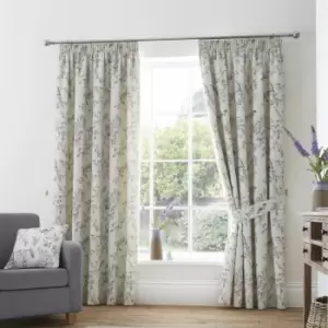 Dreams&drapes - Jazmine Floral Print 100% Cotton Lined Pencil Pleat Curtains, Heather, 90 x 90 Inch