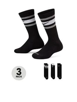 Boys, Nike Older Unisex 3 Pair Everyday Plus Crew Socks - Black, Multi, Size M=10-12 Years
