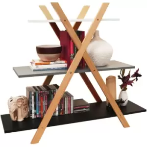 Avone - Retro 3 Tier Wood Cross x Frame Storage Shelf Bookcase - White / Grey / Black - Natural / Black / Grey / White
