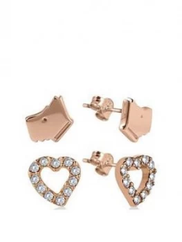 Radley 18K Rose Gold Plated Sterling Silver Dog And Crystal Set Heart Ladies Earrings Set