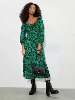 Dorothy Perkins Leopard Ruffle Neck Midi Dress - Green, Size 8, Women