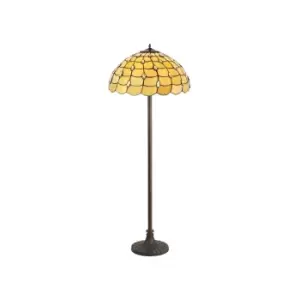 2 Light Stepped Design Floor Lamp E27 With 50cm Tiffany Shade, Beige, Clear Crystal, Aged Antique Brass