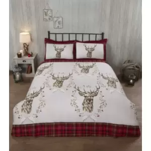 Angus Stag Red King Size Duvet Cover Set 100% Brushed Cotton Reversible Checked Duvet Set - Red