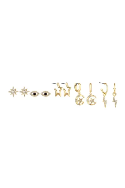 Gold Blue Crystal Evil Eye And Celestial Stud Earrings - Pack of 5