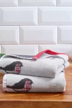 'Christmas Robin' Festive 100% Cotton Jacquard Hand Towels (Twin Pack)
