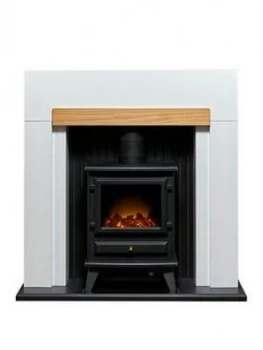 Adam Fires & Fireplaces Adam Salzburg Stove Suite In Pure White & Oak With Hudson Electric Stove In Black