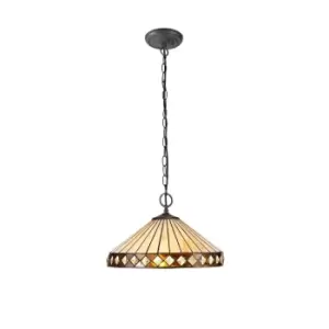2 Light Downlighter Ceiling Pendant E27 With 40cm Tiffany Shade, Amber, Crystal, Aged Antique Brass