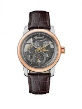 Ingersoll Ingersoll The Baldwin Silver And Rose Gold Detail Skeleton Dial Brown Leather Strap Watch