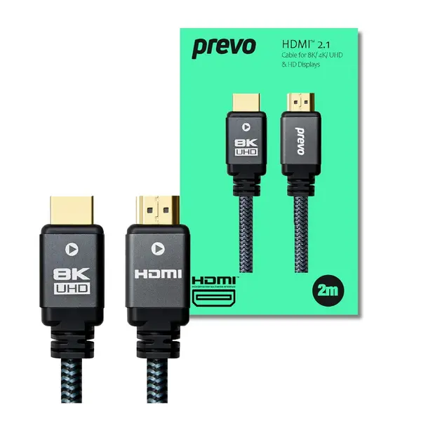 Prevo Prevo HDMI-2.1-2M HDMI Cable, HDMI 2.1 (M) to HDMI 2.1 (M), 2m, Black & Grey, Supports Displays up to 8K@60Hz, 99.9% Oxygen-Free Copper with Gol