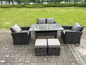 6 Seater Outdoor Dark Grey Mixed High Back Rattan Sofa Double Sofa Dining Table Set Garden Furniture Stools