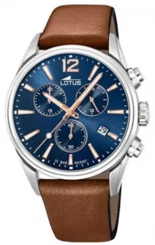 Lotus Mens Brown Leather Strap Blue Chronograph Dial Watch