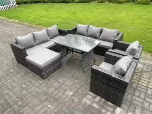 8 Seater Rattan Outdoor Furniture Sofa Garden Dining Set with Patio Dining Table 2 Armchairs Big Footstools