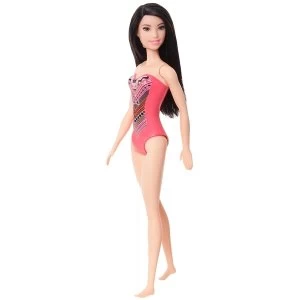 Barbie Doll Beach Black Hair Doll with Pink Graphic Swimsuit