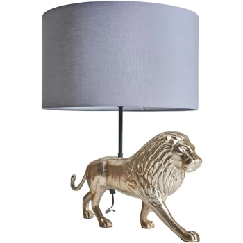 Brass Lion Design Table Lamp with Fabric Lampshade - Dark Grey