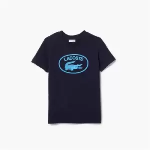 Kids' Lacoste Contrast Branded Cotton Jersey T-Shirt Size 6 yrs Navy Blue