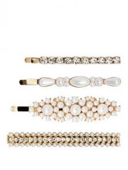 Mood Gold Plated Cream Pearl And Crystal Slide And Barette 4 Pack