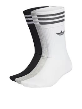 adidas Originals 3 Pack of Solid Crew Socks - Black/White/Grey, Size 2.5-5, Women