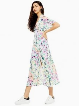 Topshop V Neck Print Angel Midi Dress - Multi, Size 6, Women