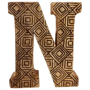 Letter N Hand Carved Wooden Geometric
