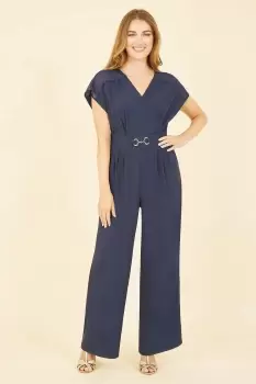 Navy Wrap Jumpsuit With Mesh Panel And Belt Detail