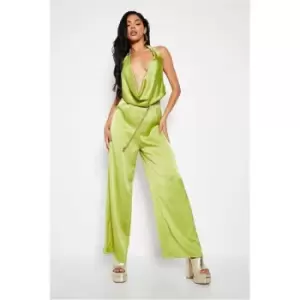 I Saw It First Green Satin Extreme Plunge Drape Cowl Wide Leg Jumpsuit - Green