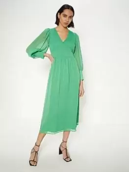Oasis Puff Sleeve Pleated Midi Dress - Green, Size 10, Women