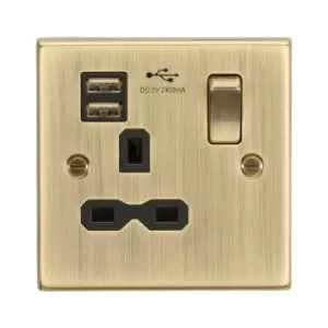 Knightsbridge - 13A 1G Switched Socket Dual usb Charger Slots with Black Insert - Square Edge Antique Brass