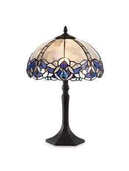 1 Light Octagonal Table Lamp E27 With 30cm Tiffany Shade, Blue, Clear Crystal, Aged Antique Brass