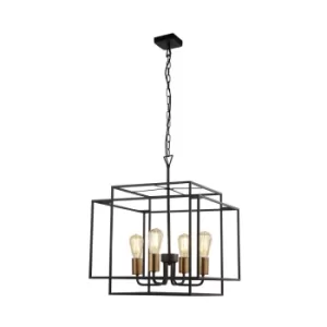 Crate 4 Light Black Frame Cage Ceiling Pendant with Bronze Lampholders