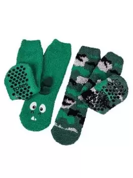 TOTES Kids 2 Pack Super Soft Slipper- Sox Dino - Green, Size 7-10 Years