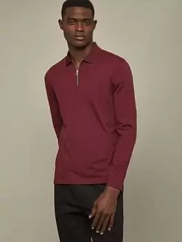 Burton Menswear London Burton Slim Fit Long Sleeve Plain Zip Polo, Red, Size XL, Men