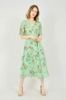 Sage Green Blossom Butterfly Print Midi Dress