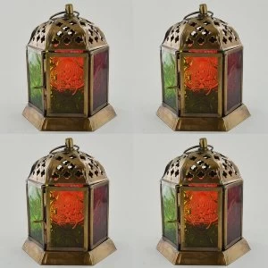 Brass Antique Colour Glass Morroccan Lanterns (Set of 4)