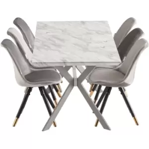7 Pieces Life Interiors Sofia Blaze Dining Set - a White Extendable Rectangular Wooden Dining Table and Set of 6 Dark Grey Dining Chairs - Dark Grey
