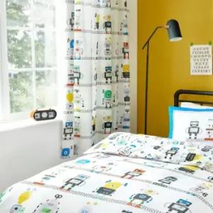 Kids Robots Print Lined Pencil Pleat Curtains, Blue, 66 x 72" - Bedlam