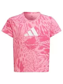 Adidas Junior Girls 3 Bar All Over Print Training Icons Short Sleeve T-Shirt - Bright Pink