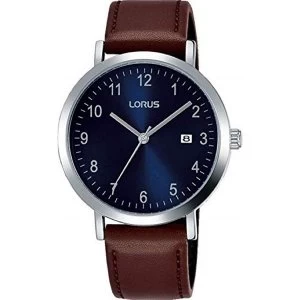 Lorus RXN49DX9 Mens Classic Padded Brown Leather Strap Dress Watch with Sunray Blue Dial
