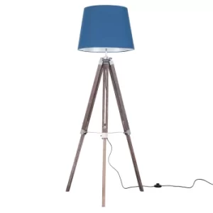 Clipper Light Wood Tripod Floor Lamp with Navy Blue Aspen Shade
