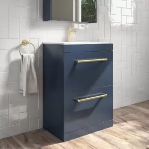 600mm Freestanding Blue Vanity Unit with Basin and Brushed Brass Handle - Ashford