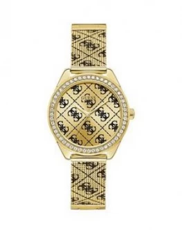 Guess Guess Claudia Gold Sunray And Black Logo Crystal Set Dial Gold And Black Logo Print Stainless Steel Mesh Strap Ladies Watch