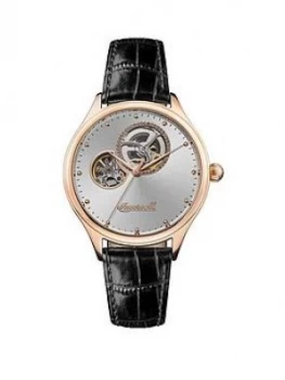 Ingersoll The Vamp Automatic I07001 Silver Sunray and Rose Gold Detail Skeleton Eye Automatic Dial Black Leather Strap Ladies Watch, One Colour, Men