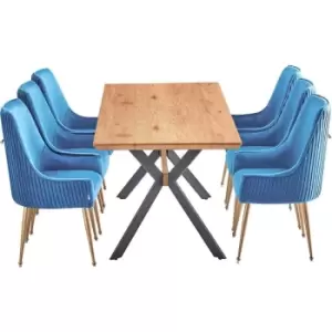 7 Pieces Life Interiors Soho Blaze Dining Set - an Extendable Oak Rectangular Wooden Dining Table and Set of 6 Blue Dining Chairs - Blue