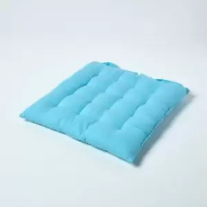 Light Blue Plain Seat Pad with Button Straps 100% Cotton 40 x 40cm - Homescapes