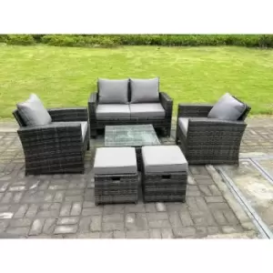 Fimous - 6 Seater Dark Grey Mixed High Back Rattan Sofa Set Square Coffee Table Garden Furniture Outdoor 2 Stools