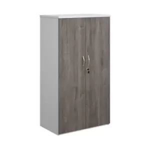 Duo double door cupboard 1440mm high with 3 shelves - white with grey oak doors