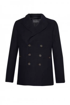 Mens French Connection Melton Double Breast Peacoat Blue