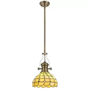 1 Light Telescopic Ceiling Pendant E27 With 30cm Tiffany Shade, Antique Brass, Beige, Clear Crystal - Luminosa Lighting