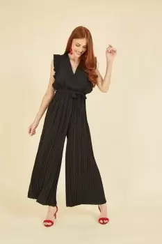 Black Pleated Wrap Jumpsuit With Frill Detail