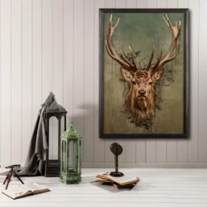 Stag Face XL Multicolor Decorative Framed Wooden Painting