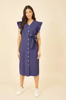 Navy Linen Blend Midi Shirt Dress